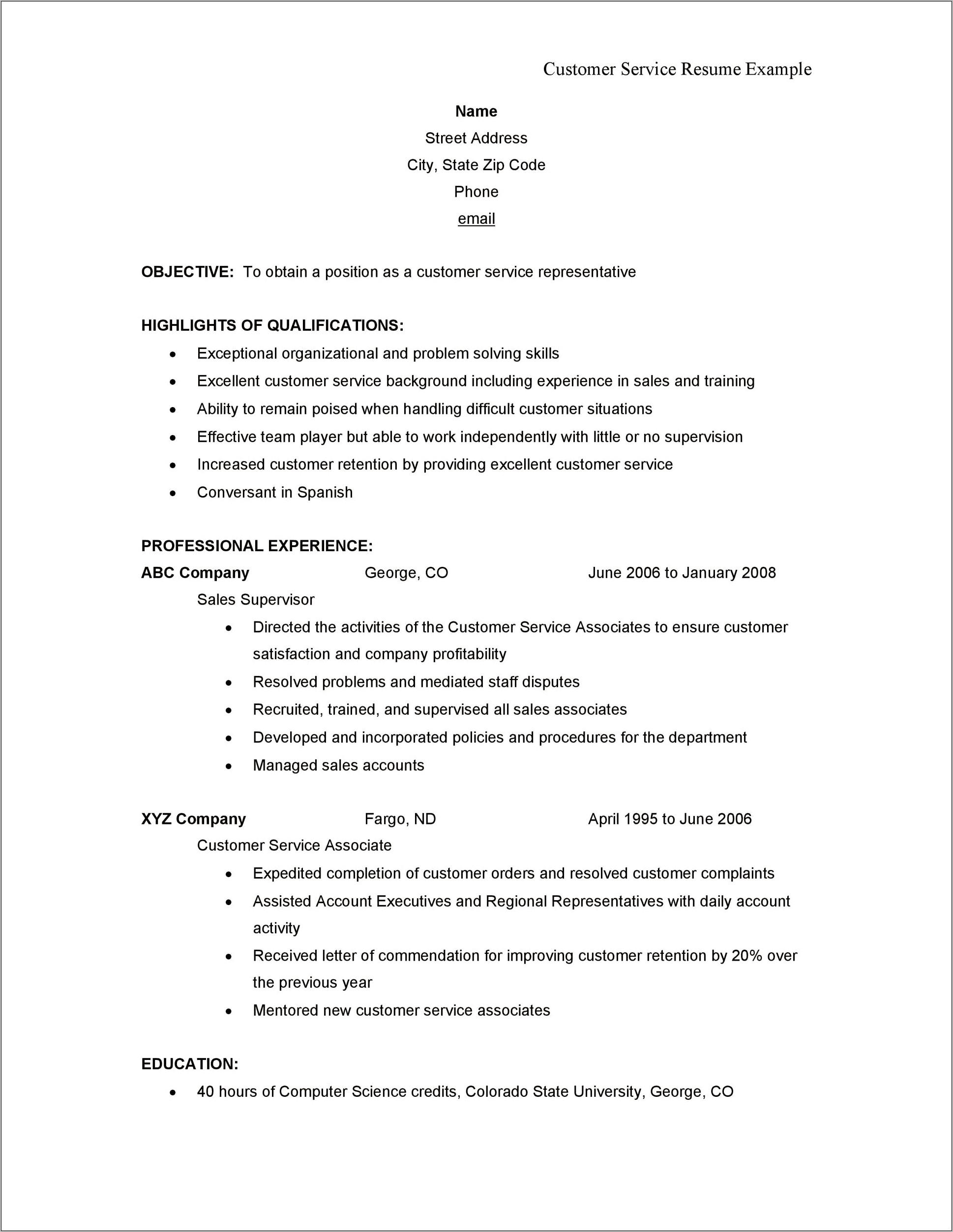 Customer Care Objective Resume Examples