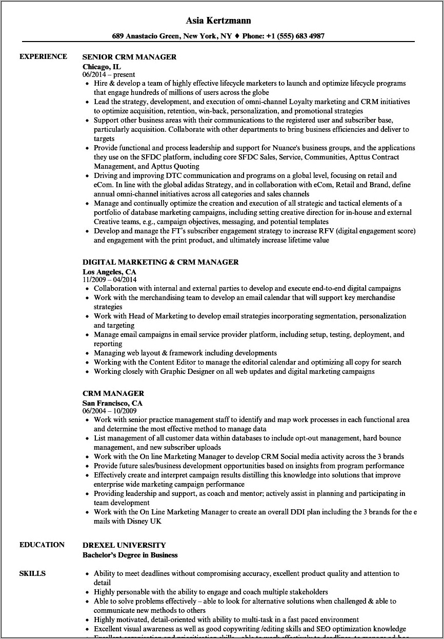Customer Relationship Management Resume Examples