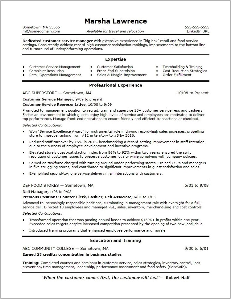 Customer Service Manager Professional Resume
