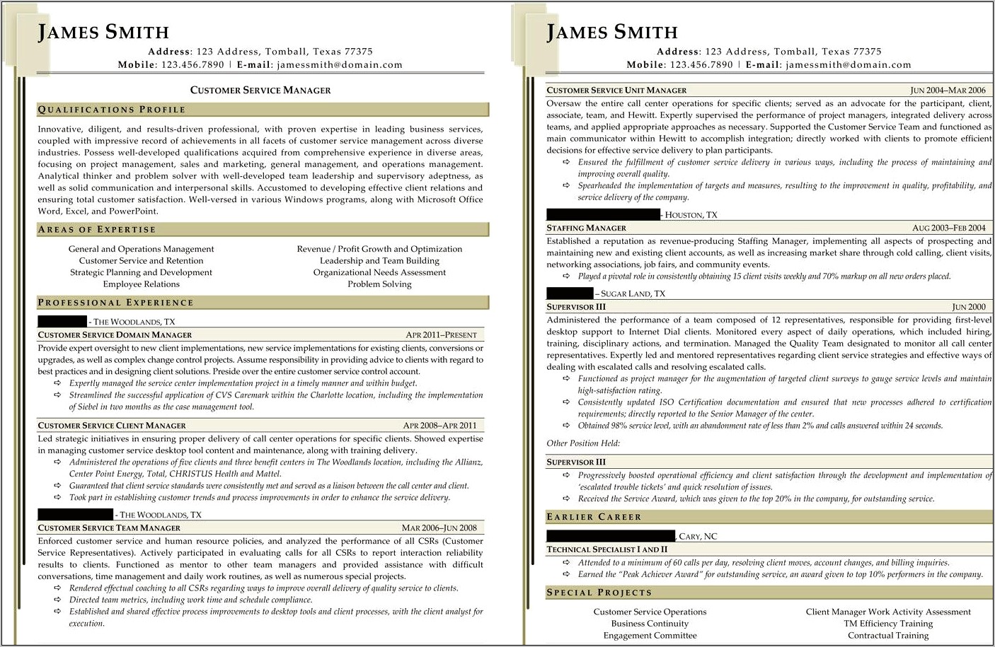Customer Service Manager Resume Profile