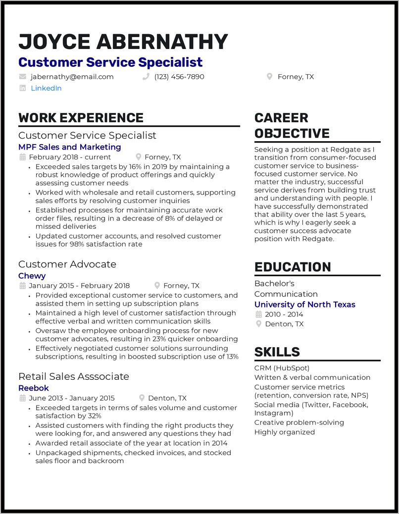 Customer Service Sample Resume Profile