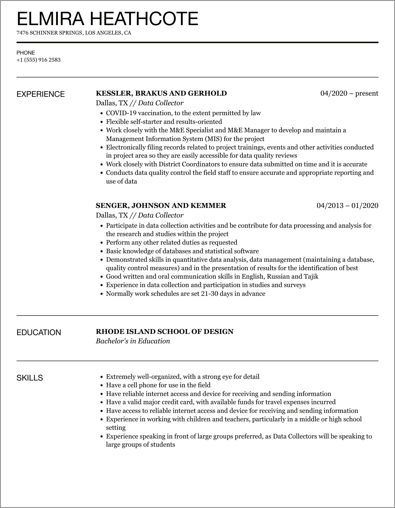Data Collector Job Description Resume