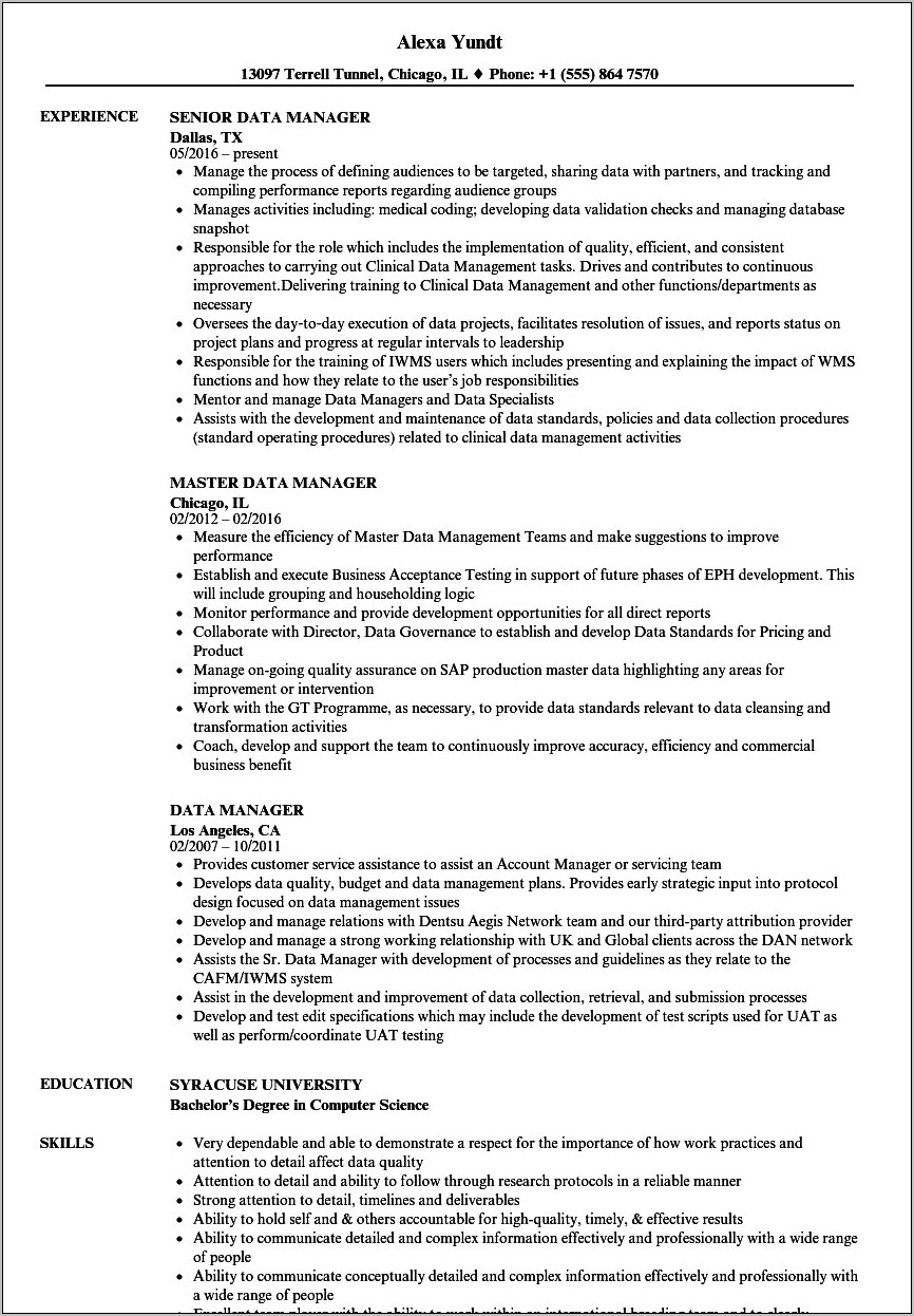 Data Management Experience In Resume