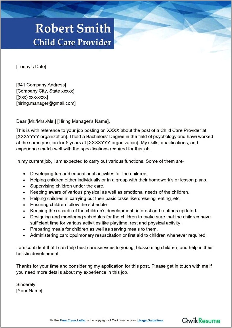 Daycare Resume Cover Letter Sample