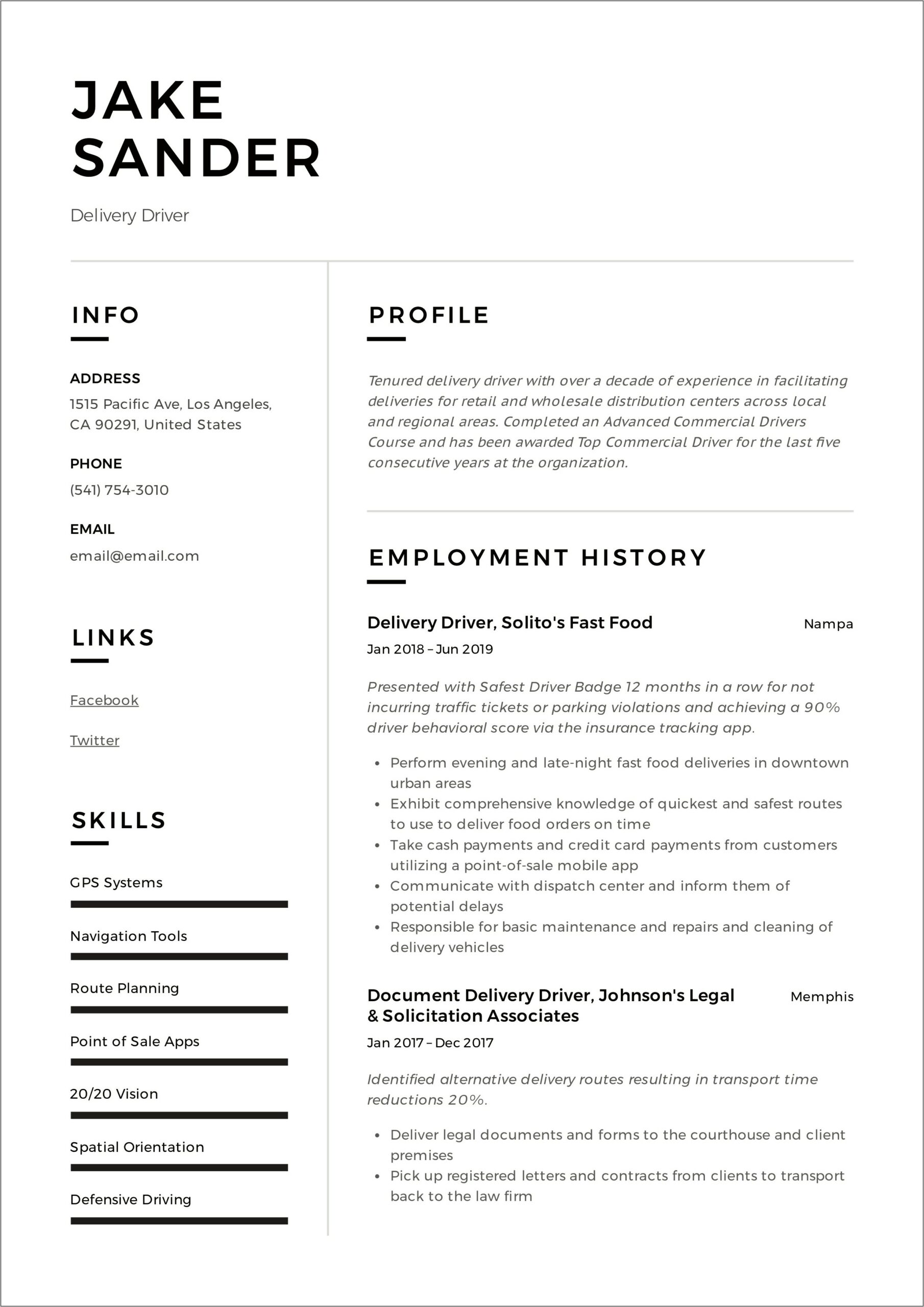 Delivery Driver Description Resume Example