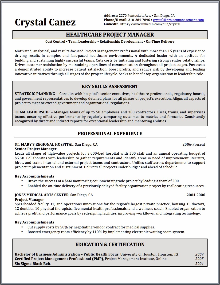 Delivery Manager Resume In Healthcare