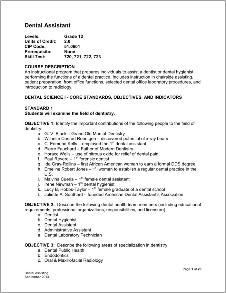 Dental Assistant Instructor Objective Resume