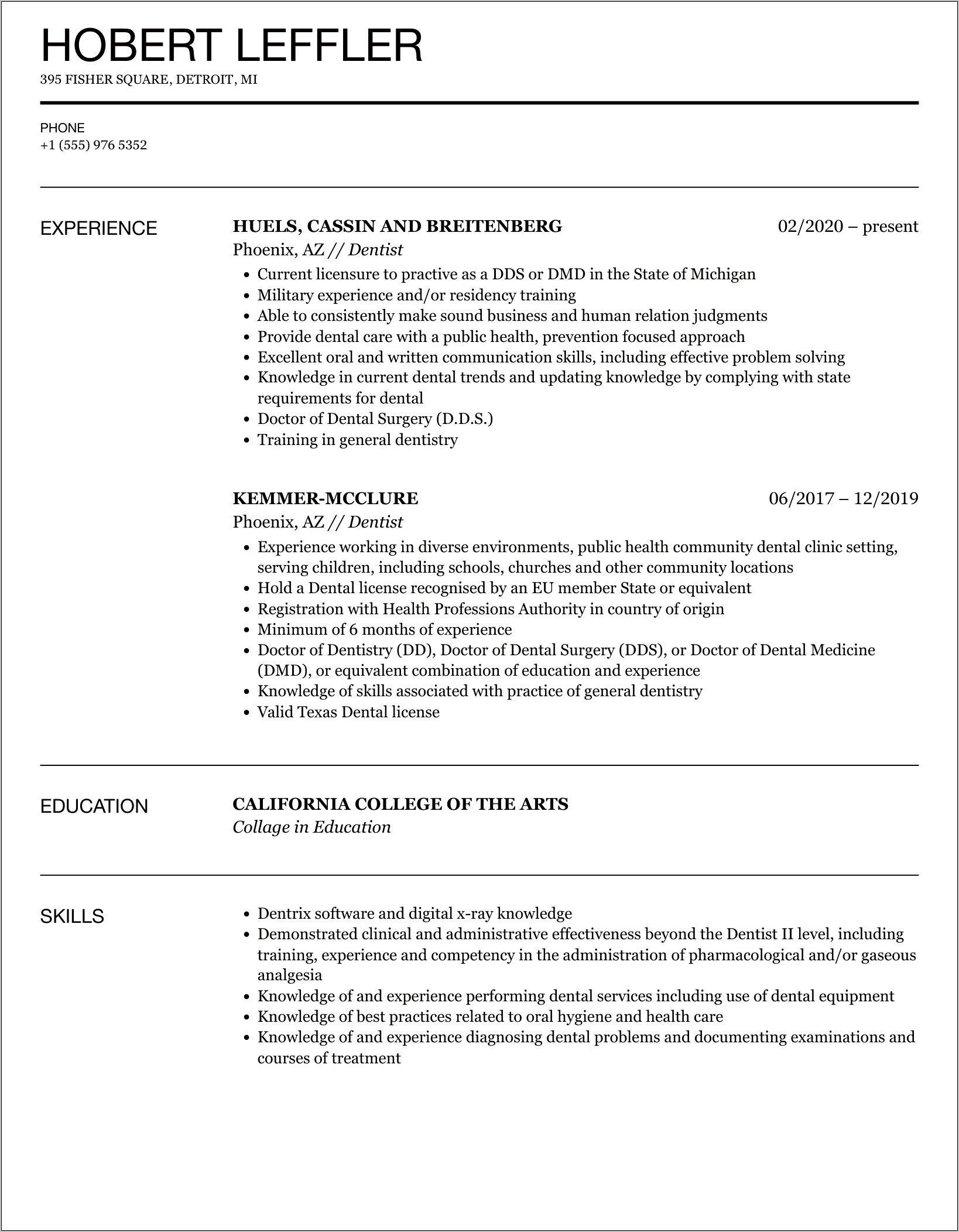 Dentist Job Description For Resume