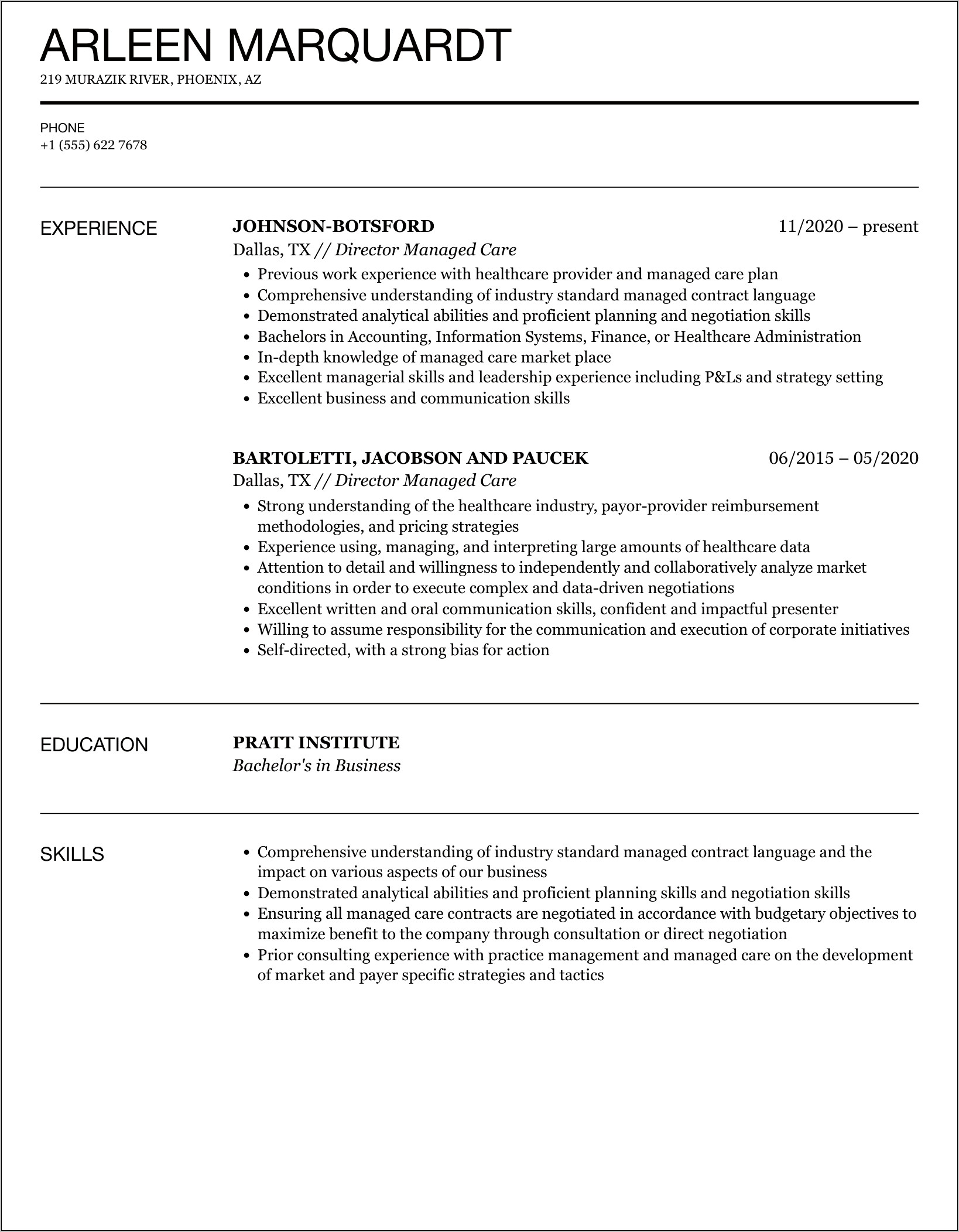 Director Of Managed Care Resume