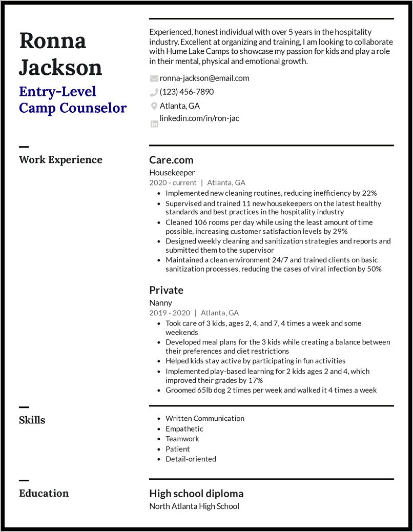 Disability Camp Counselor Resume Sample