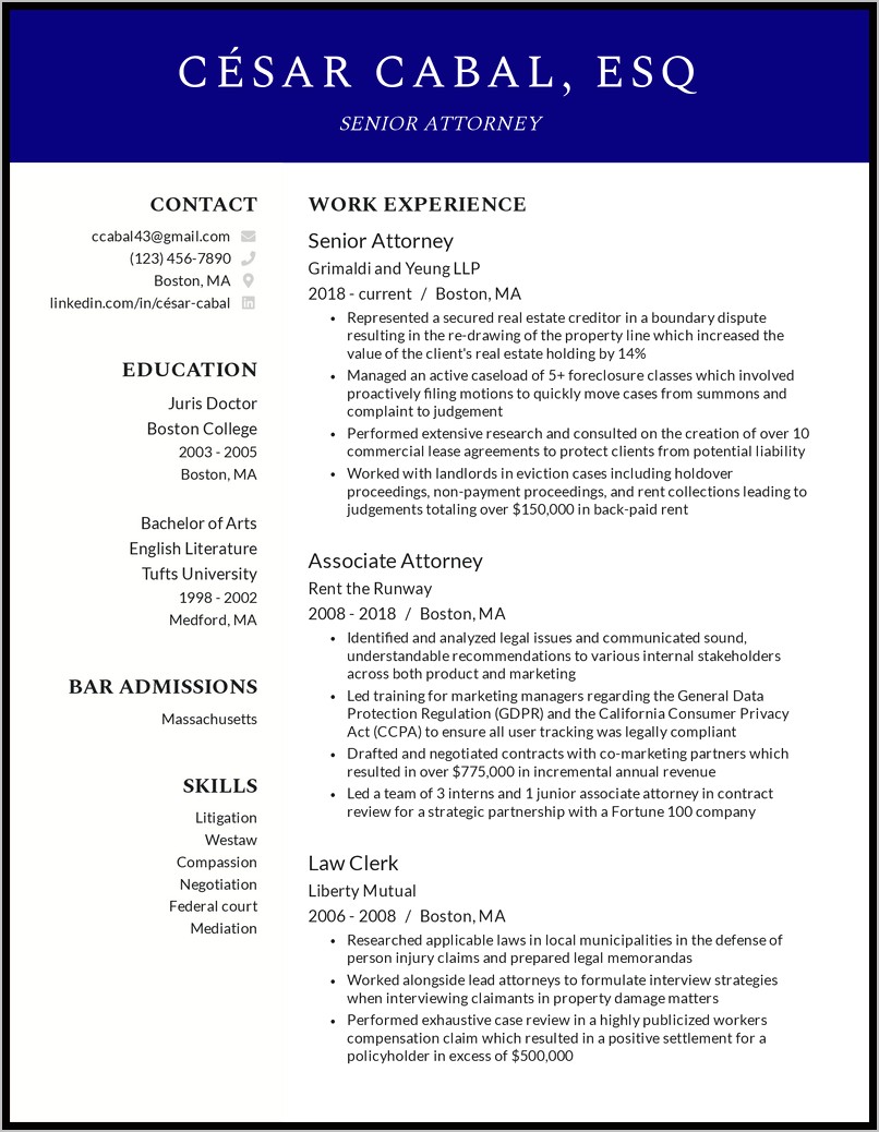 Effective Resume Examples For Lawyers