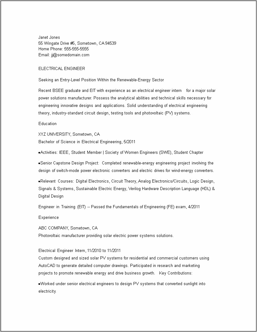 Electrical Engineer Intern Objective Resume
