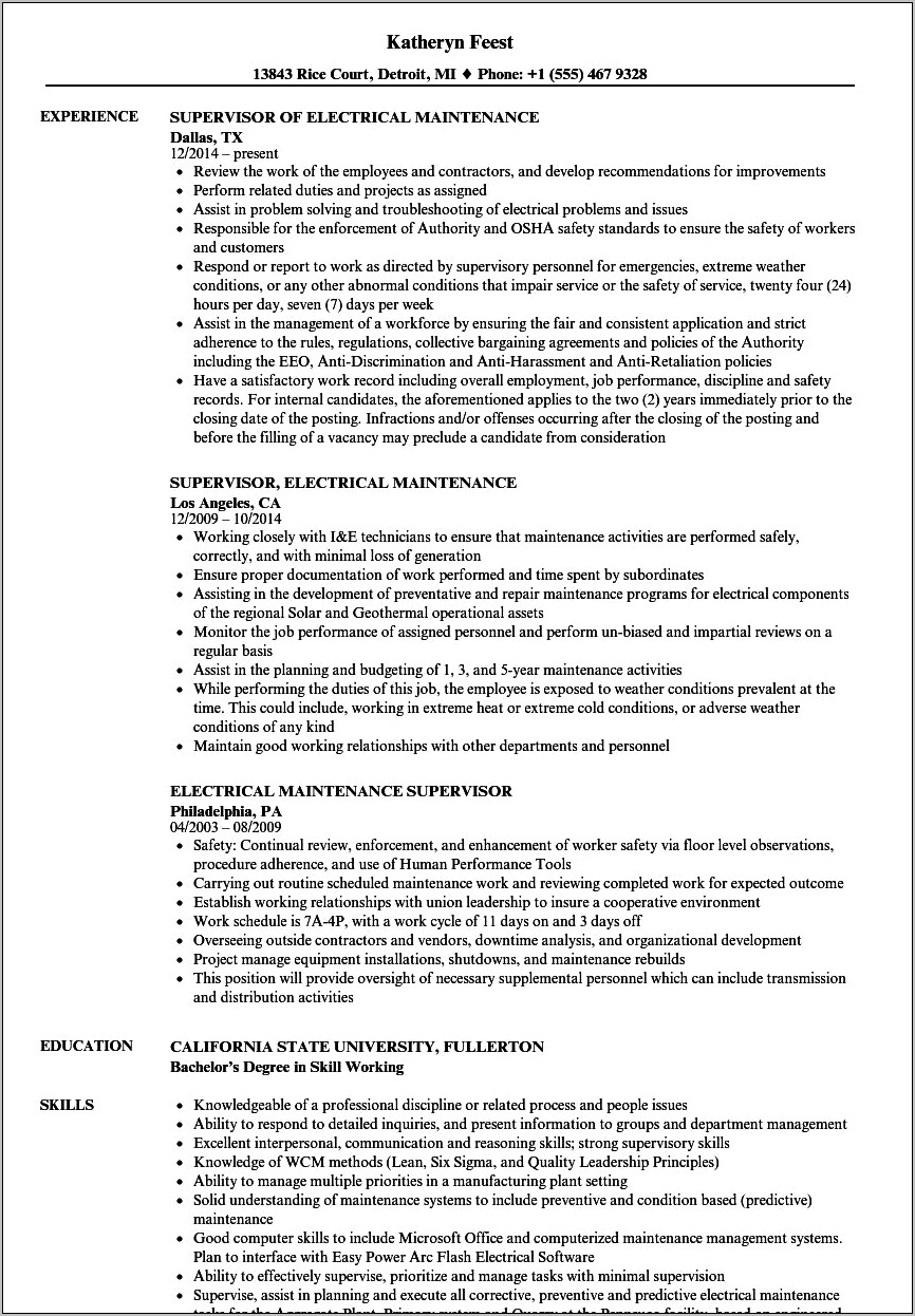 Electrical Maintenance Manager Resume Format