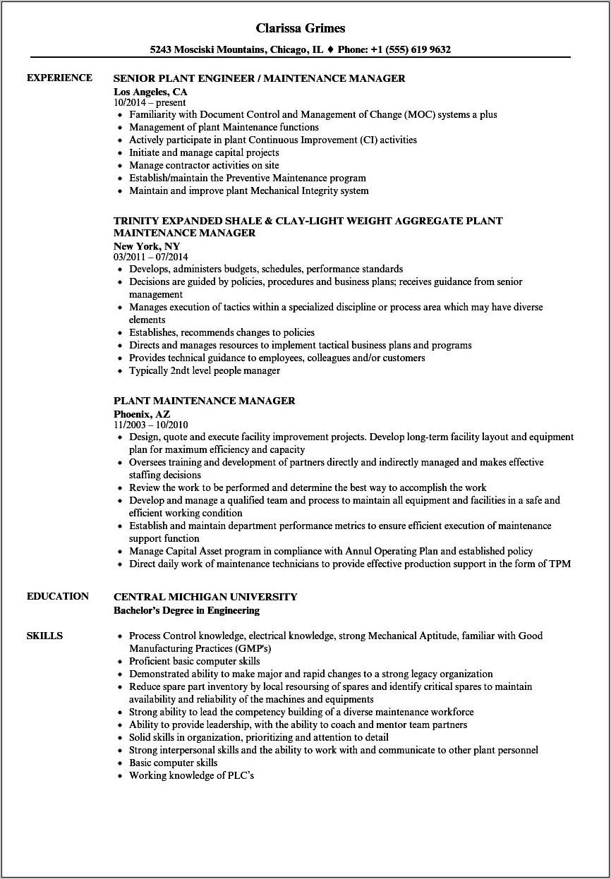 Electrical Maintenance Manager Resume Objective