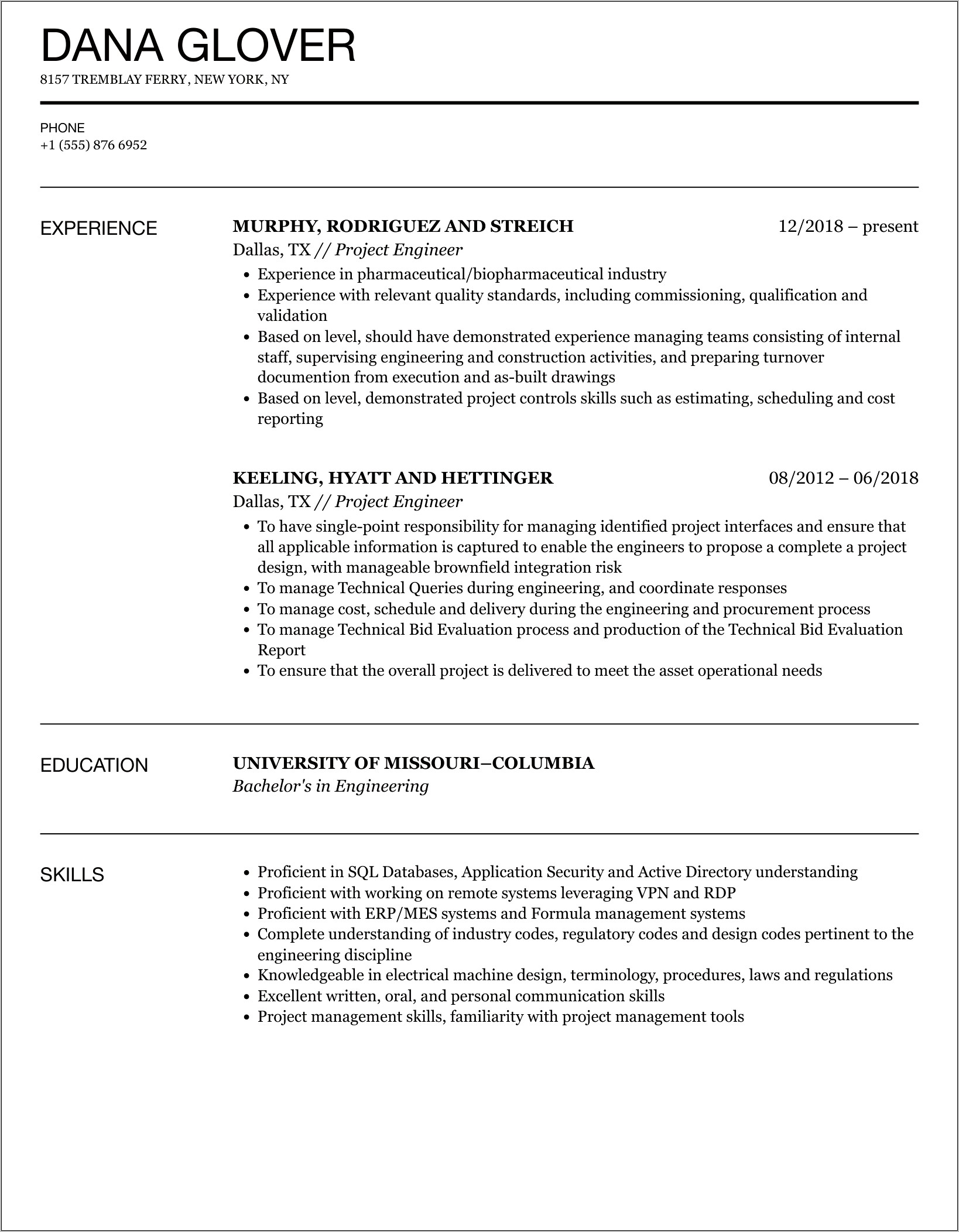Electrical Project Engineer Resume Example