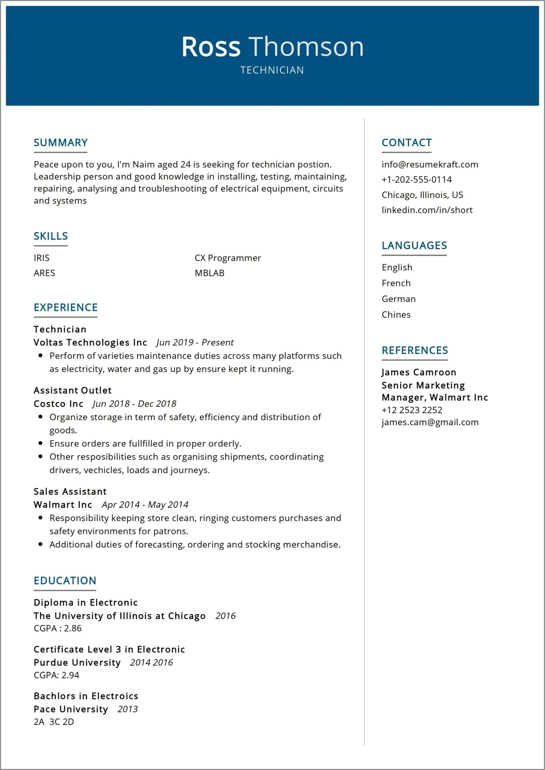 Electronic Reapair Specialist Resume Example