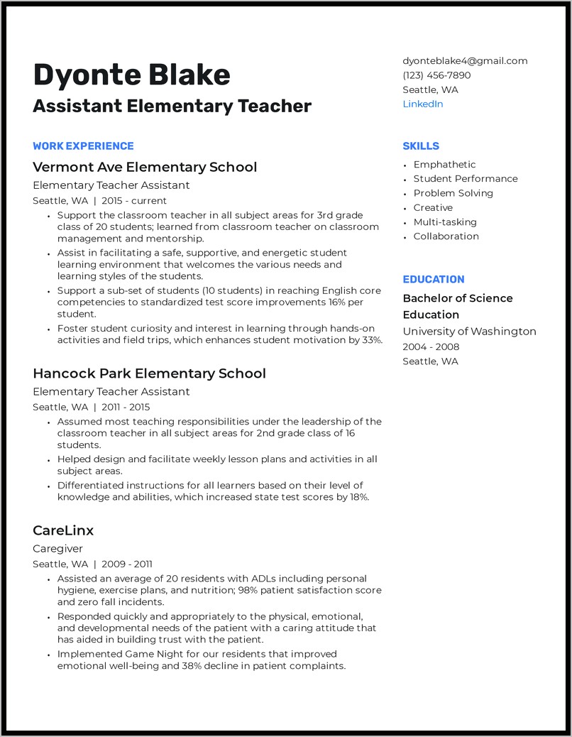 Elementary Teacher Skills For Resume