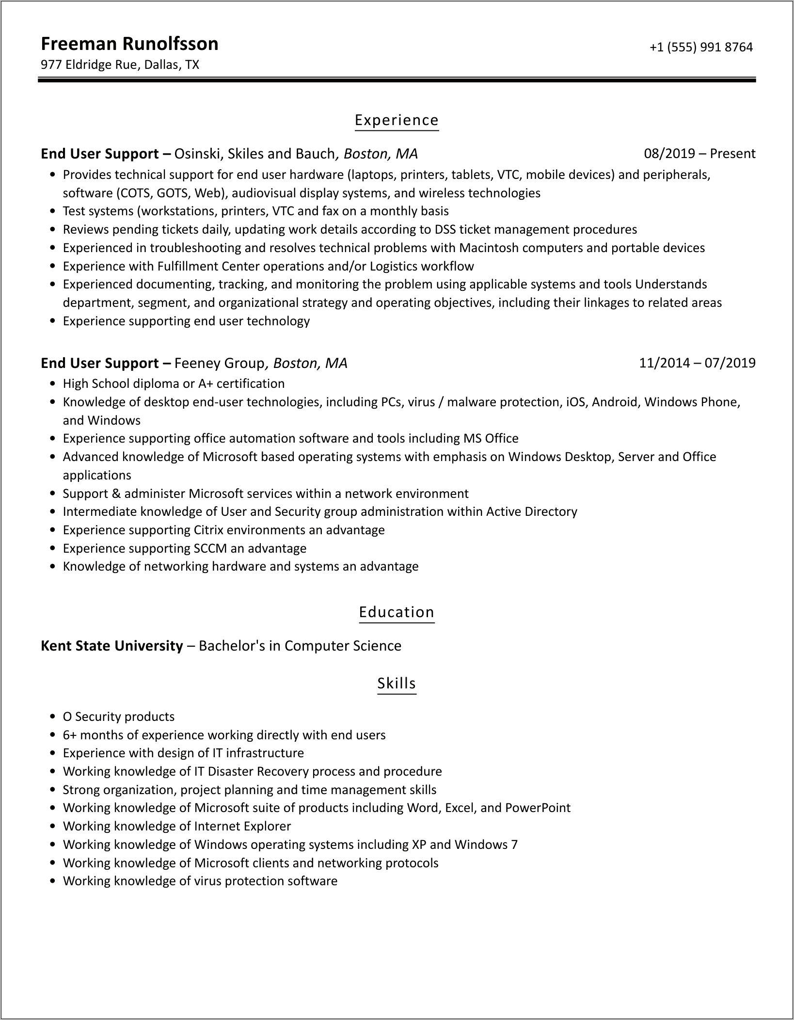 End User Support Resume Example