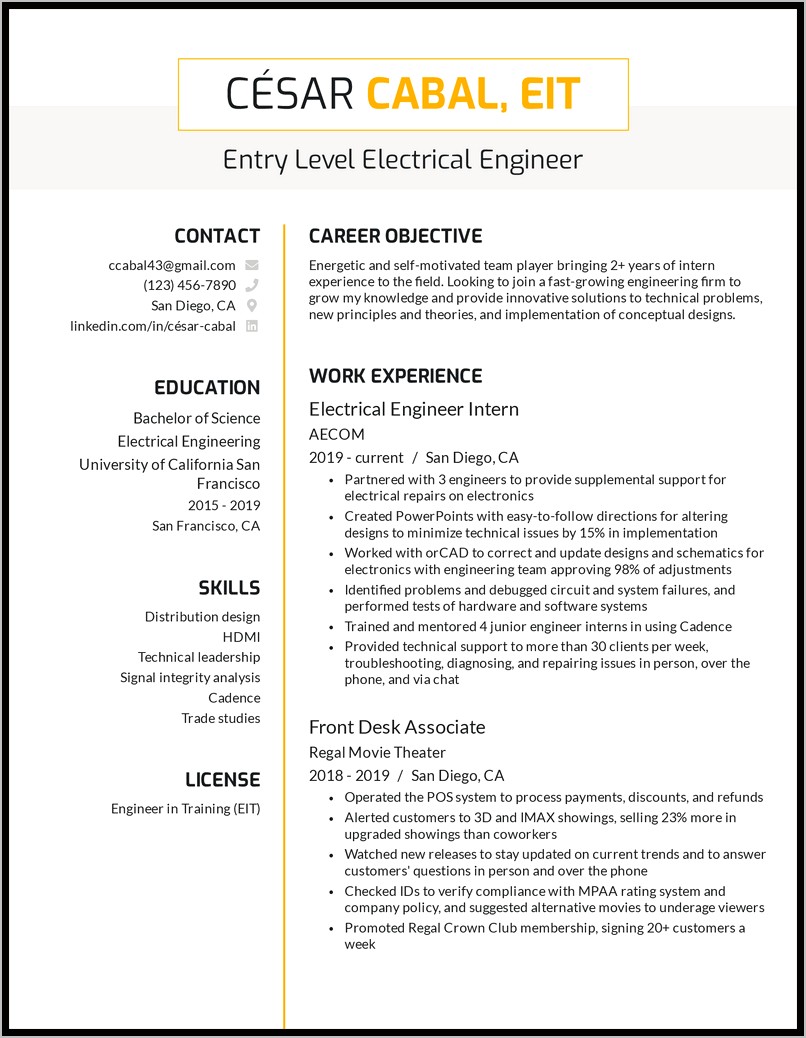 Engineering Entry Level Resume Example