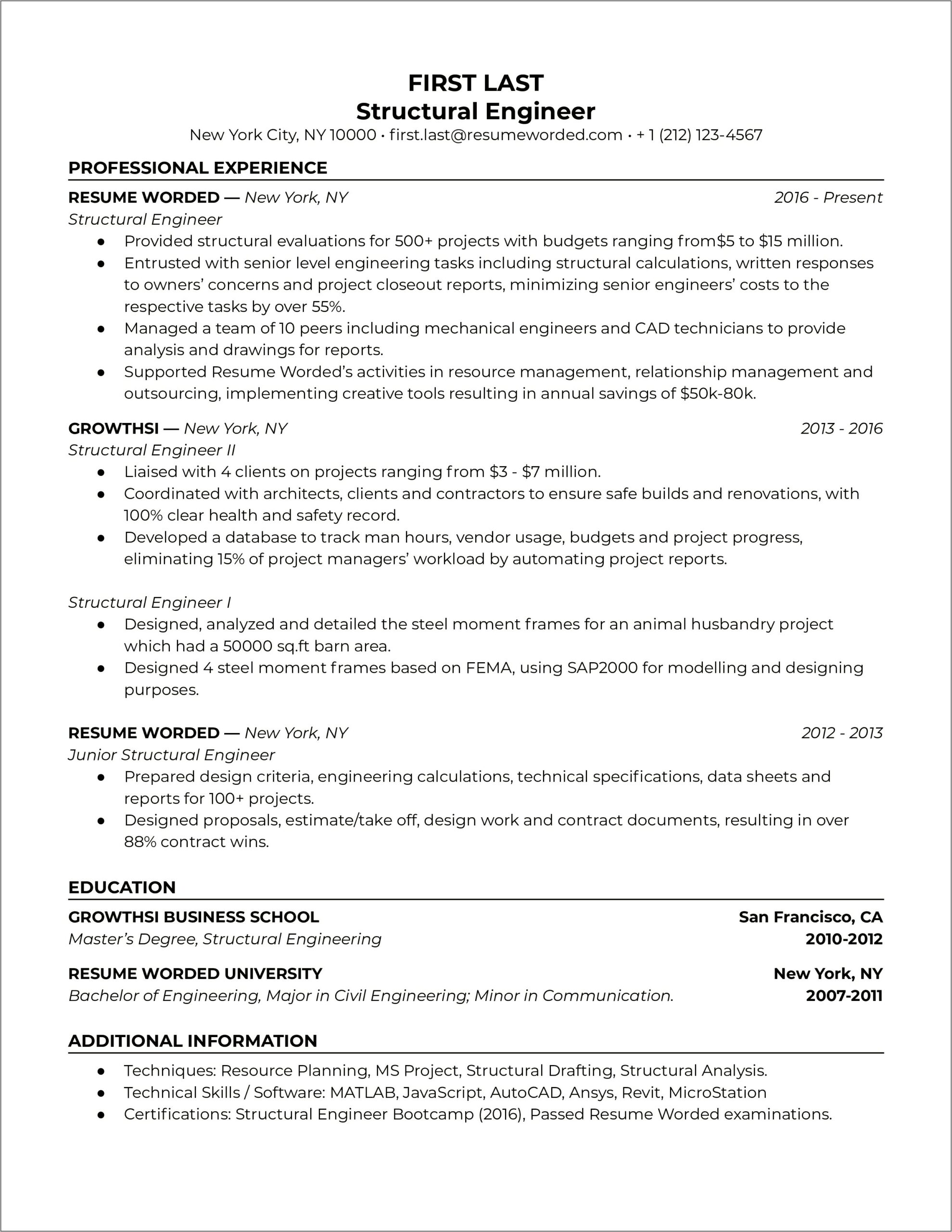 Entry Structural Engineer Resume Sample