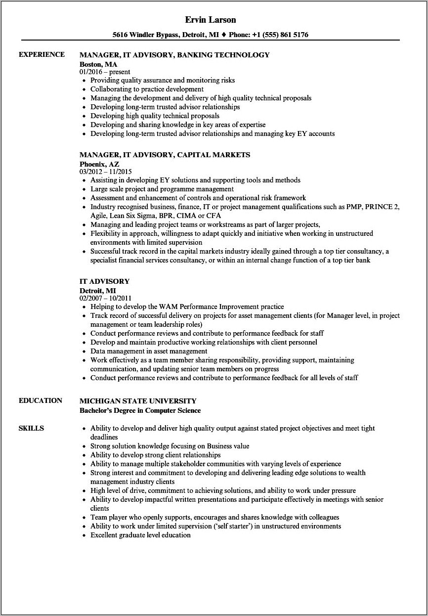 Ernst And Young Resume Example