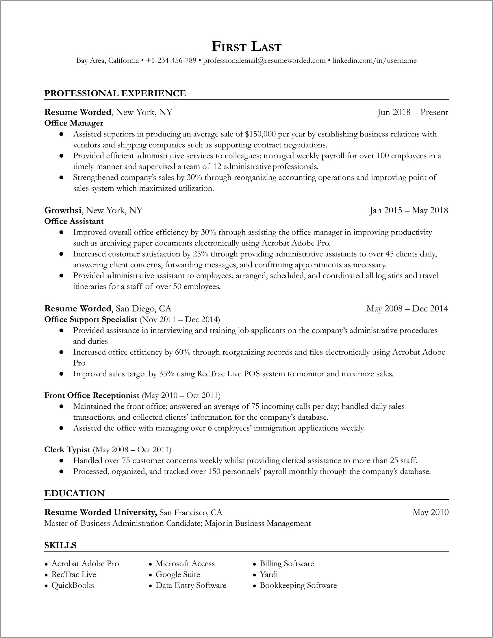 Example Front Office Personnel Resume
