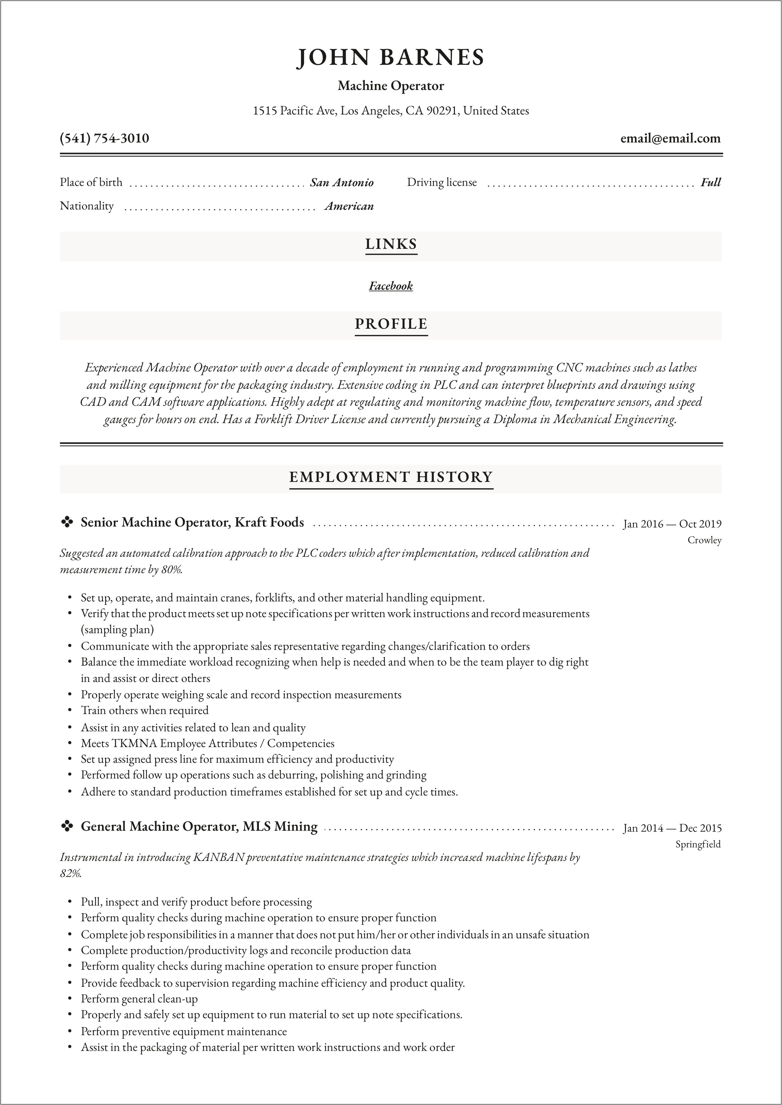 Example Of A Machinest Resume