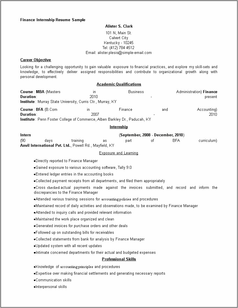 Example Of Accounting Internship Resume