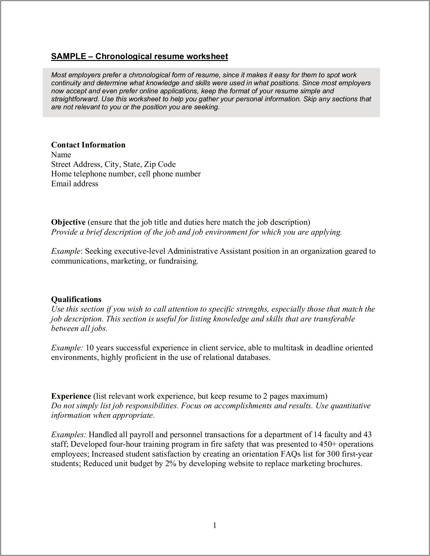 Example Of Chronological Resume Pdf