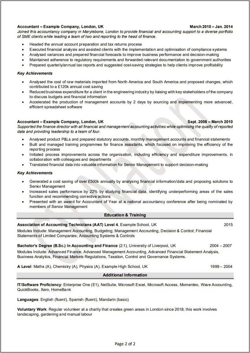 Example Of Cost Accountant Resume