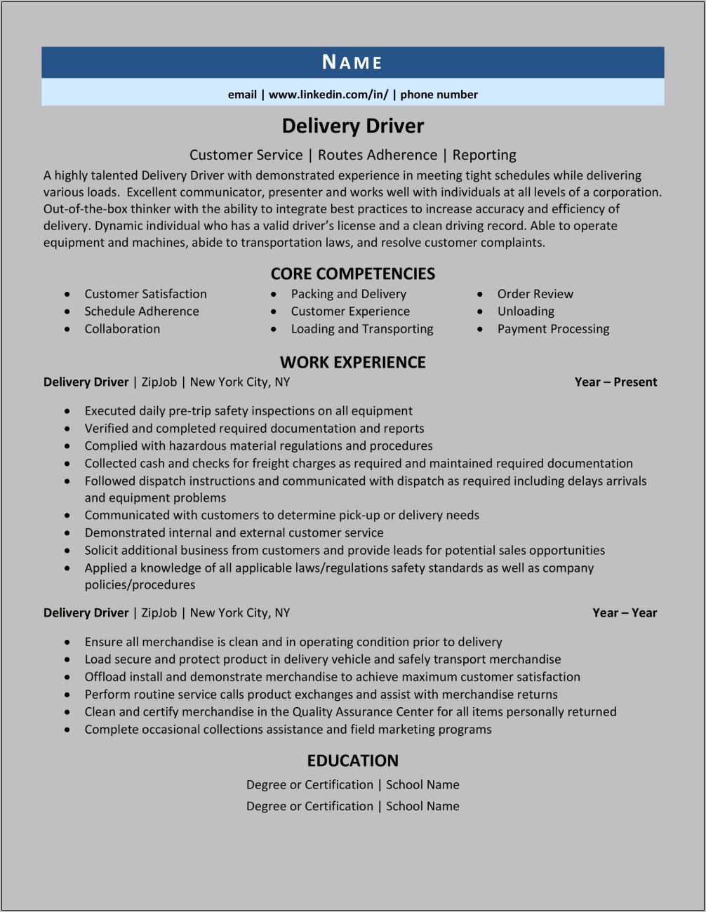 Example Of Delivery Driver Resume