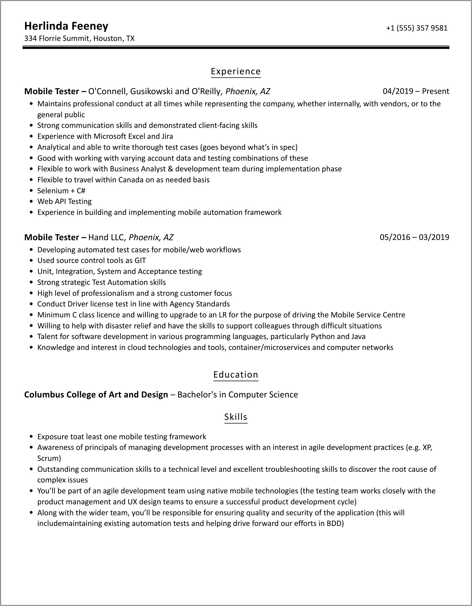 Example Of Mobile Tster Resume