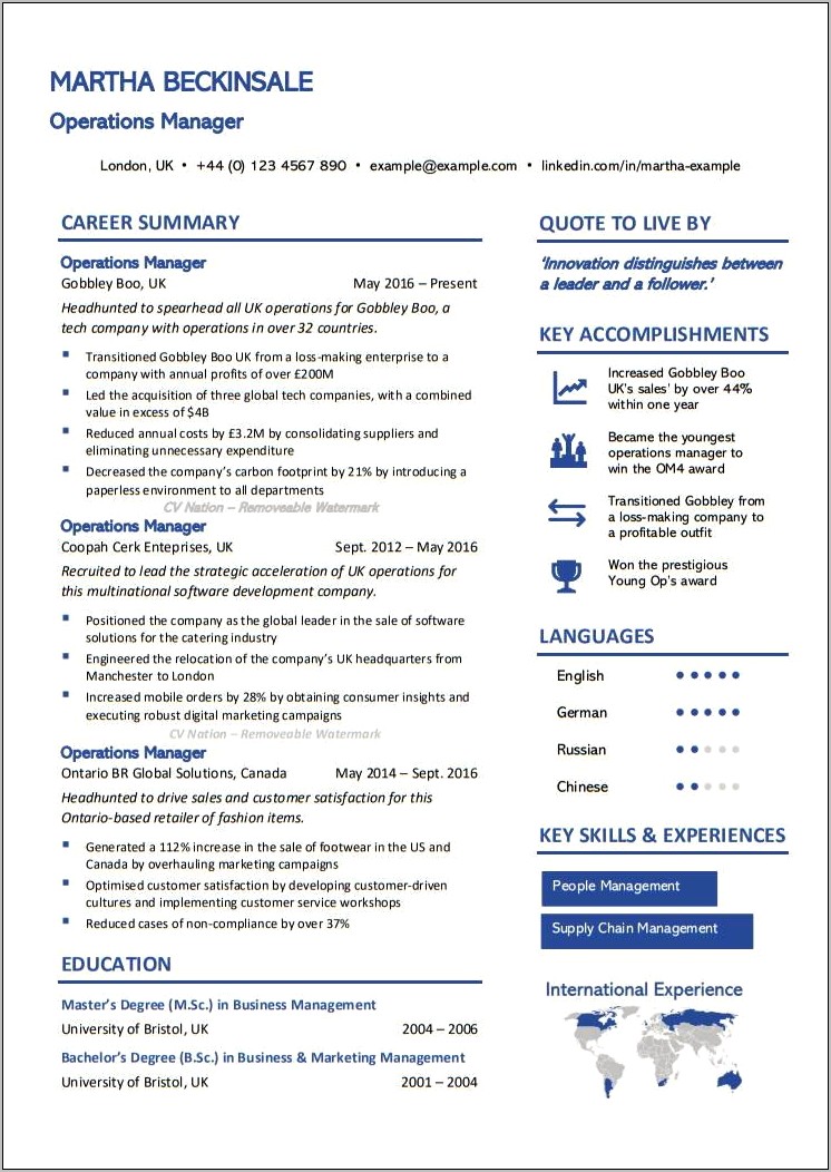 Example Of Operation Manager Resume