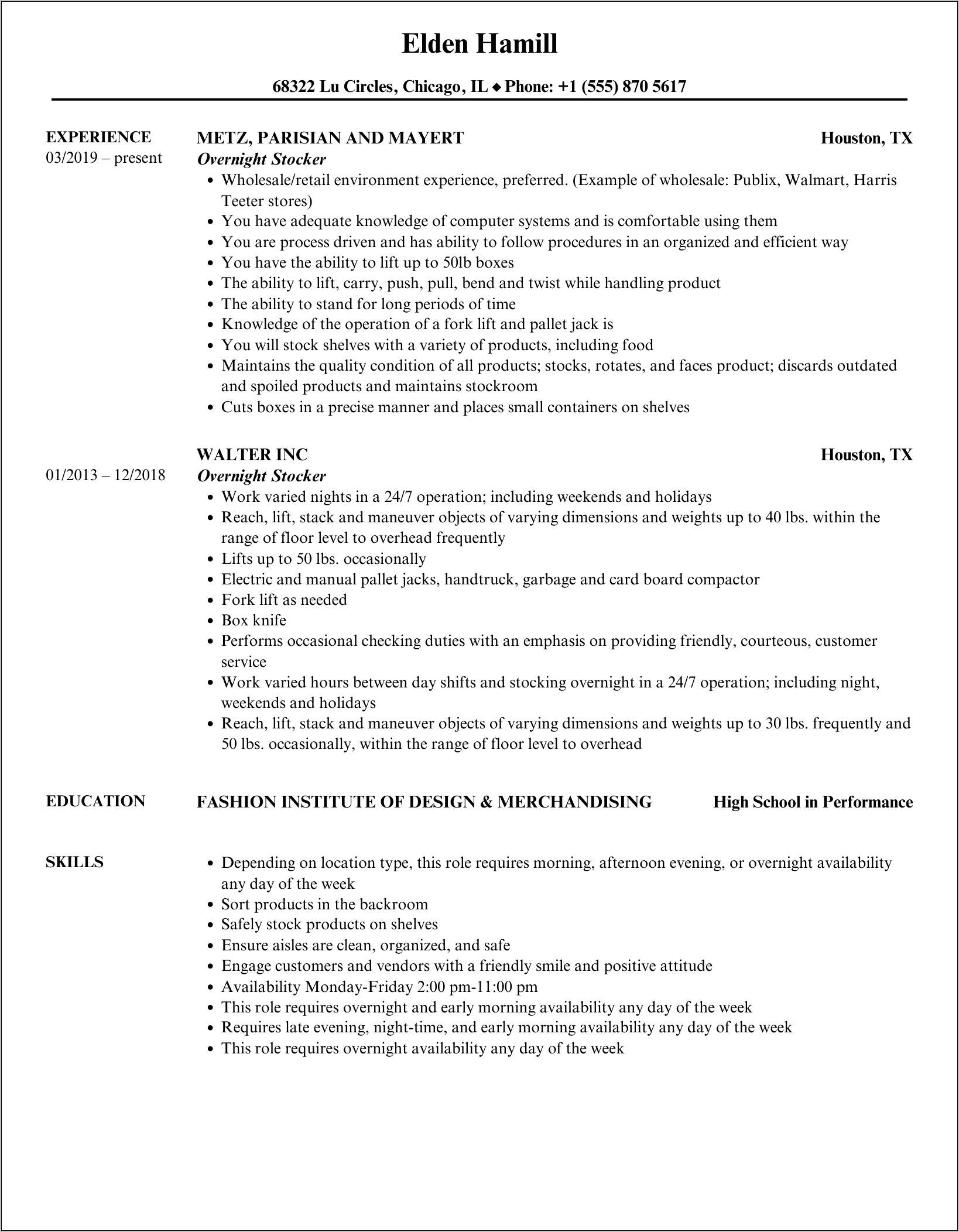 Example Of Overnight Stocker Resume