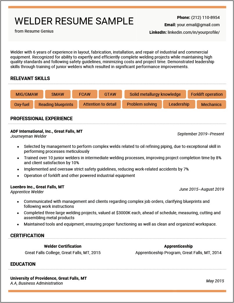 Example Of Resume For Welding
