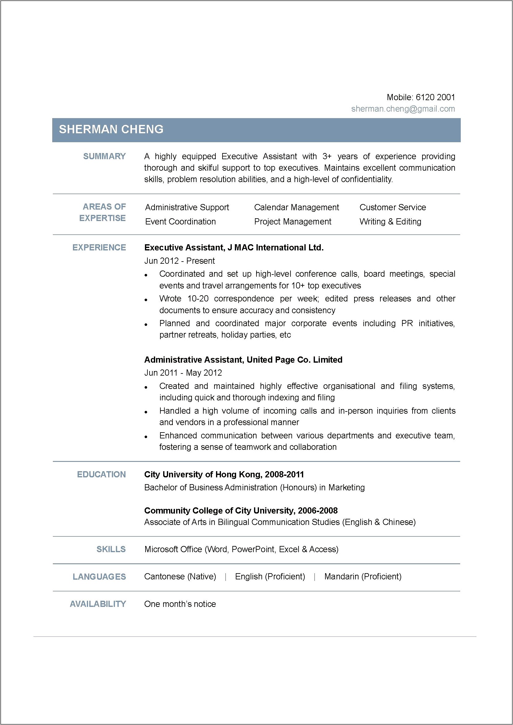 Example Of Resume Personal Assistant