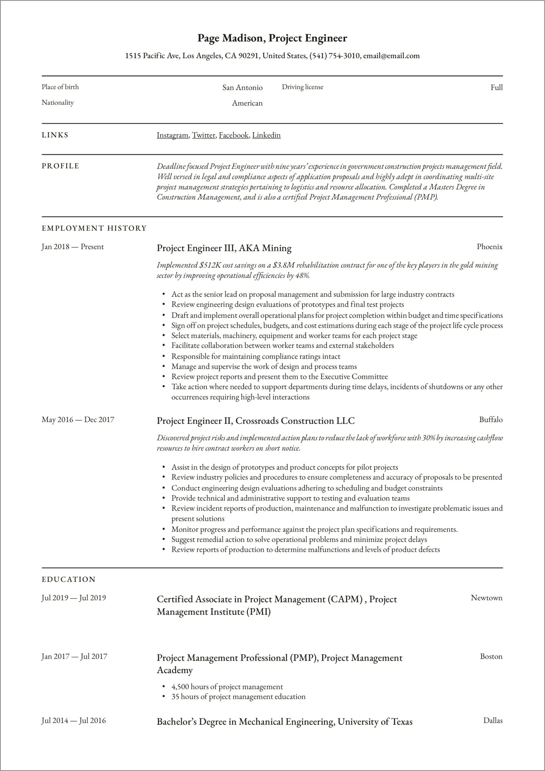 Example Of Resumes For Engineers