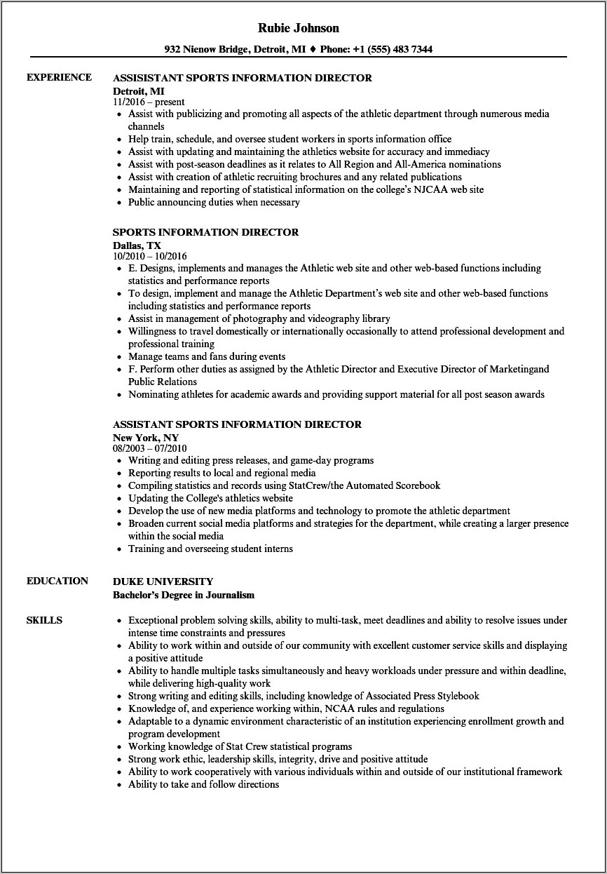 Example Resume For Athletic Director