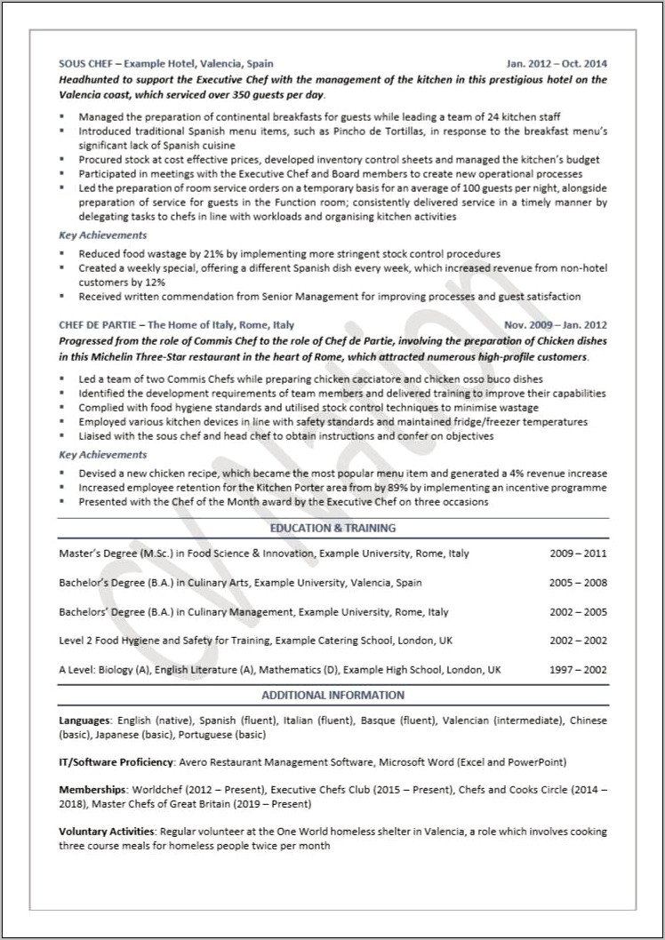 Example Resume For Chef Position