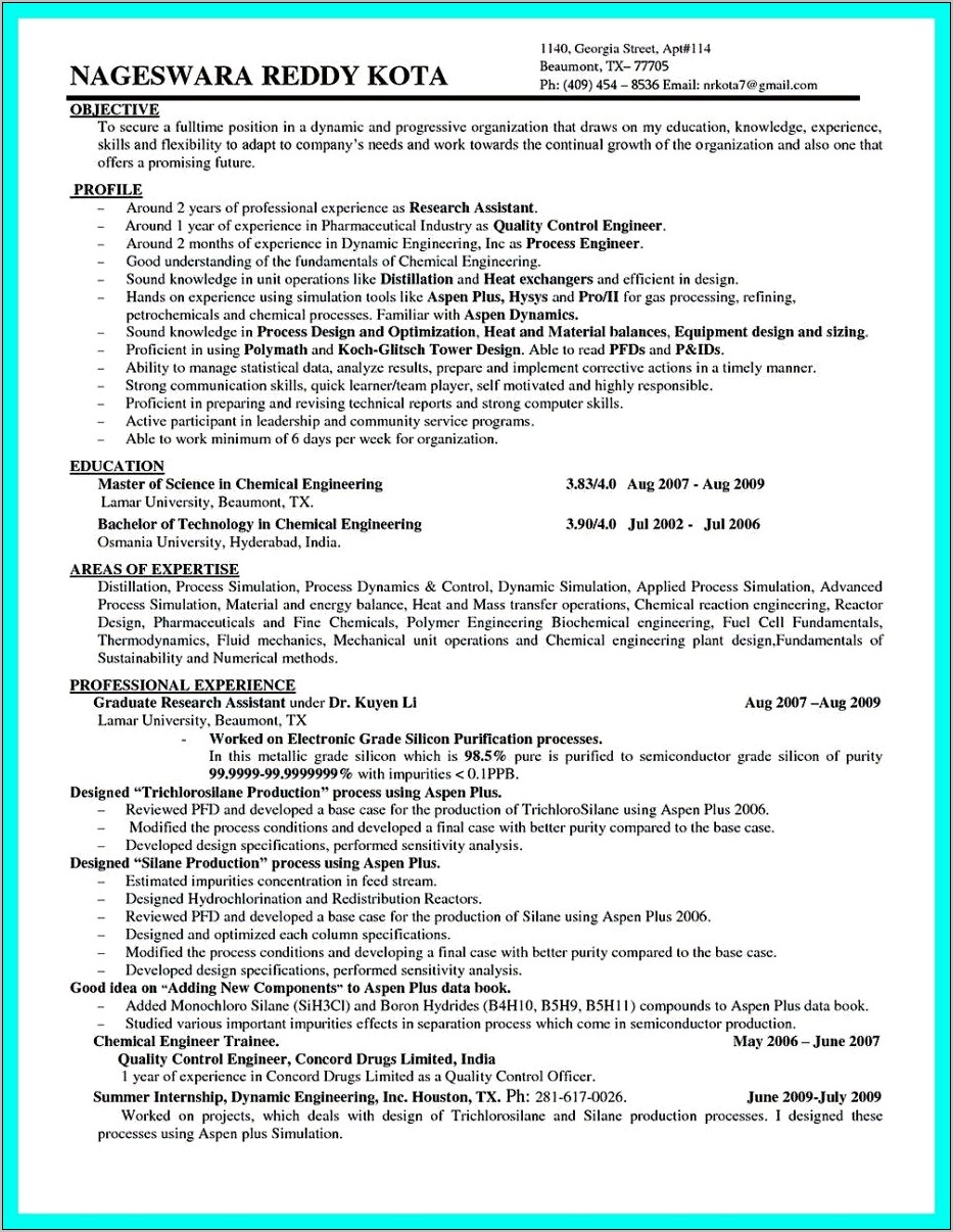 Example Resume For Chemical Engineer