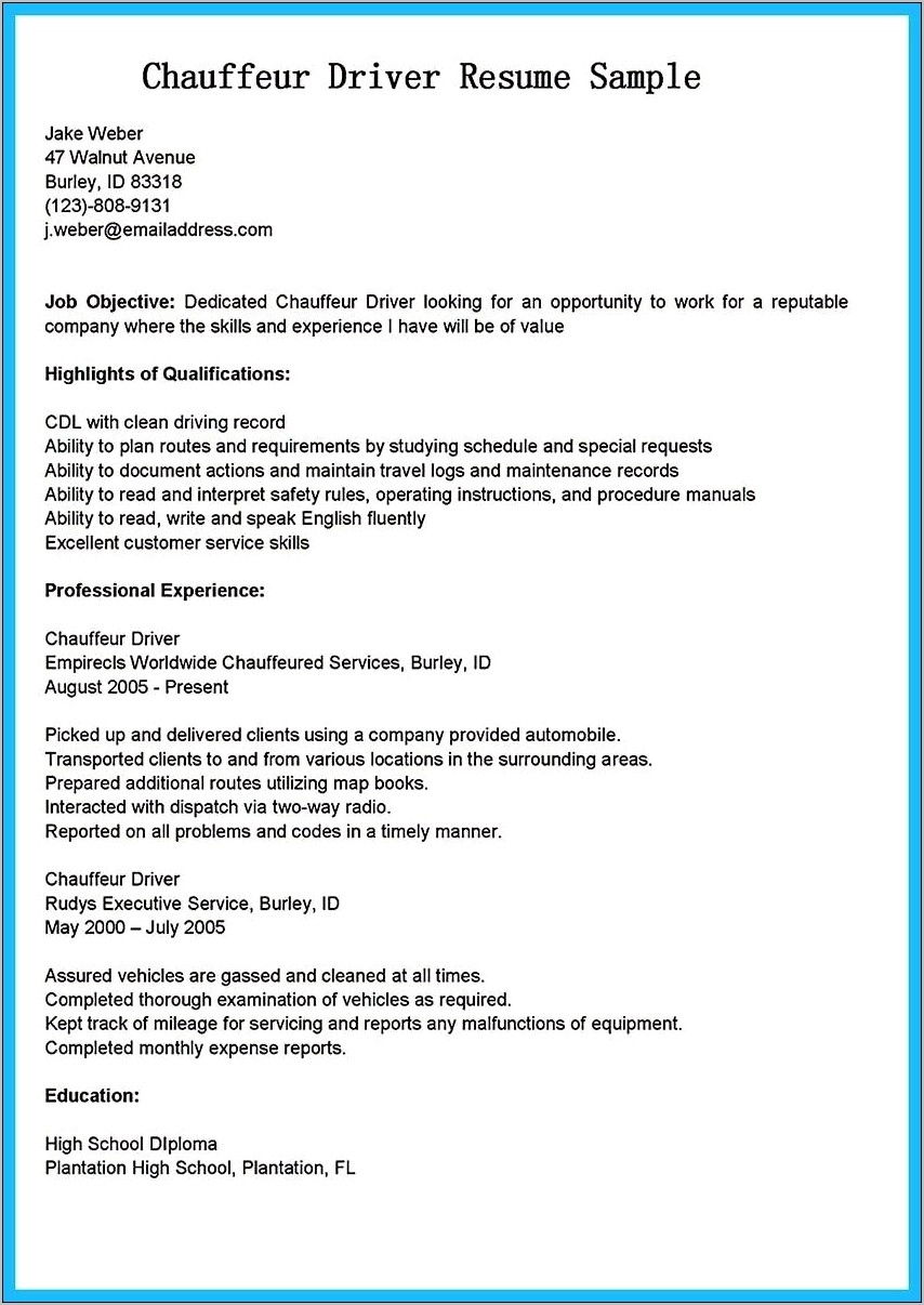 Example Resume For Driver Objective