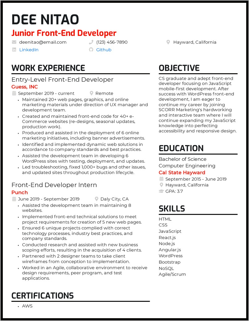 Example Resume For Web Developer