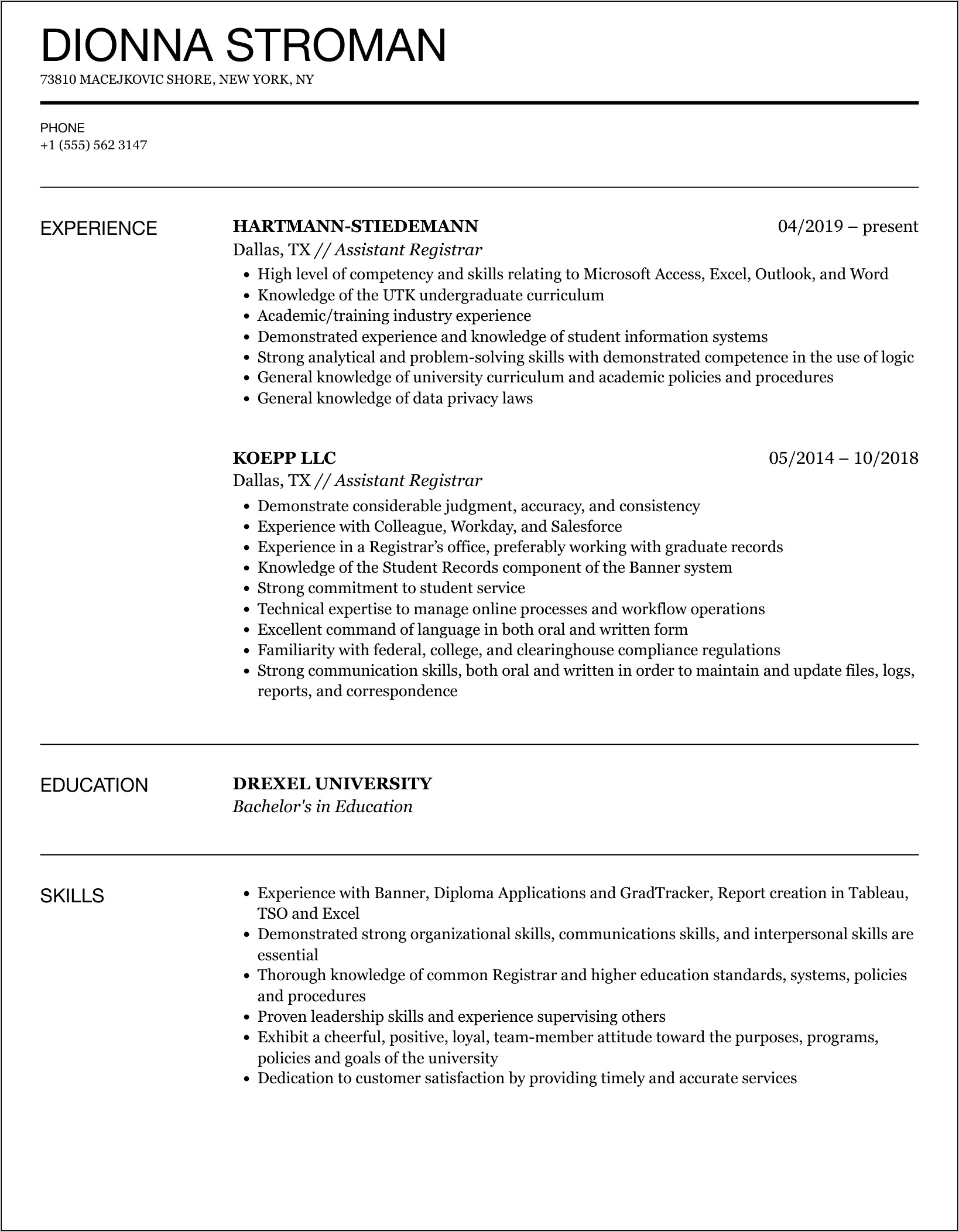 Example Skill Resume For Registrar