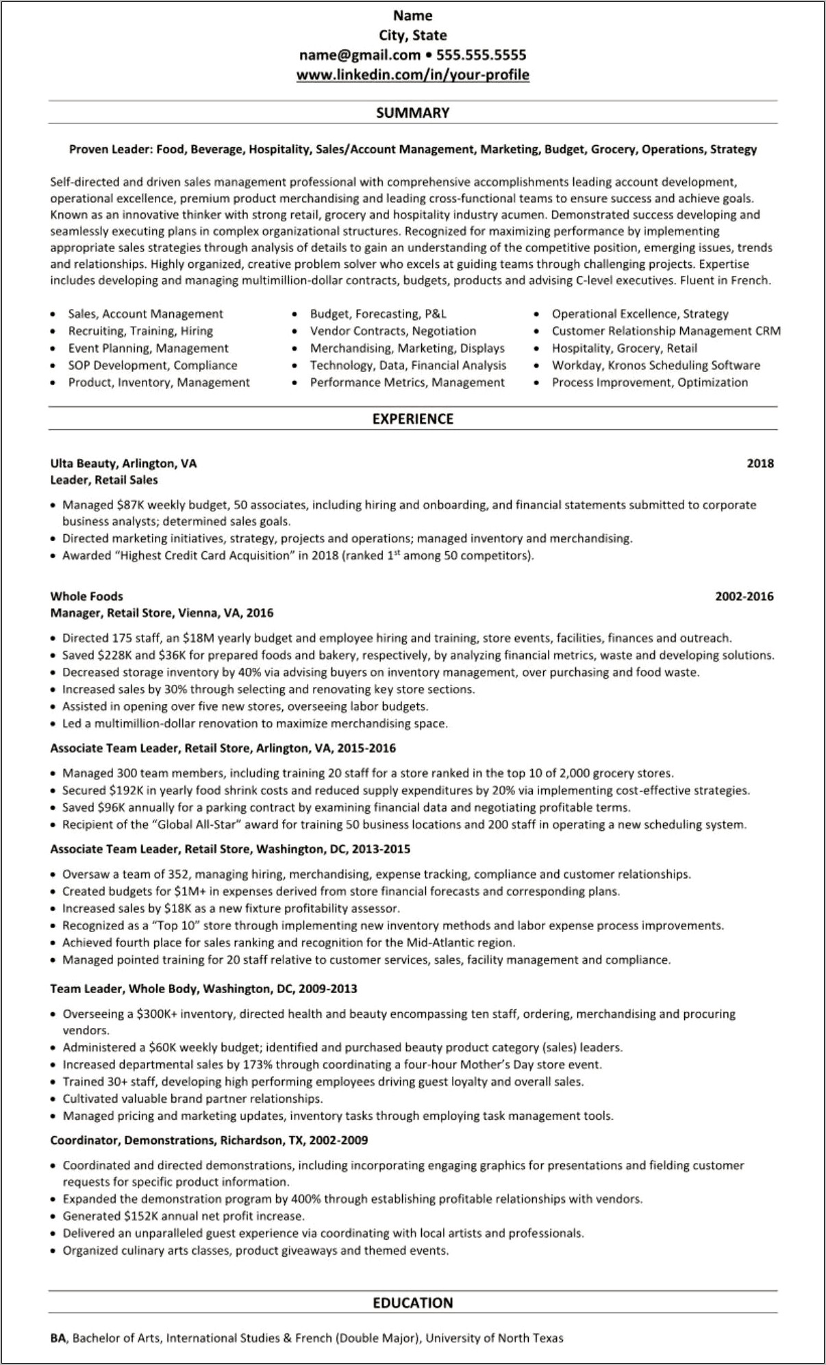 Example Summary For Retail Resume