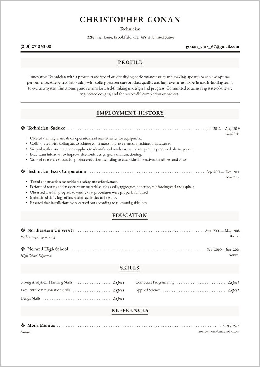 Examples Of Engineering Technician Resumes