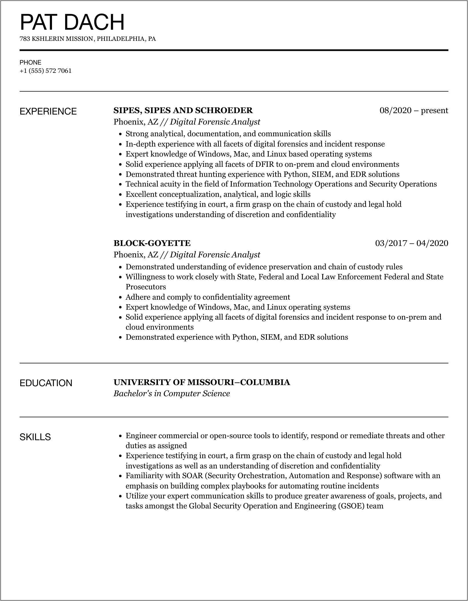Examples Of Forensic Science Resume