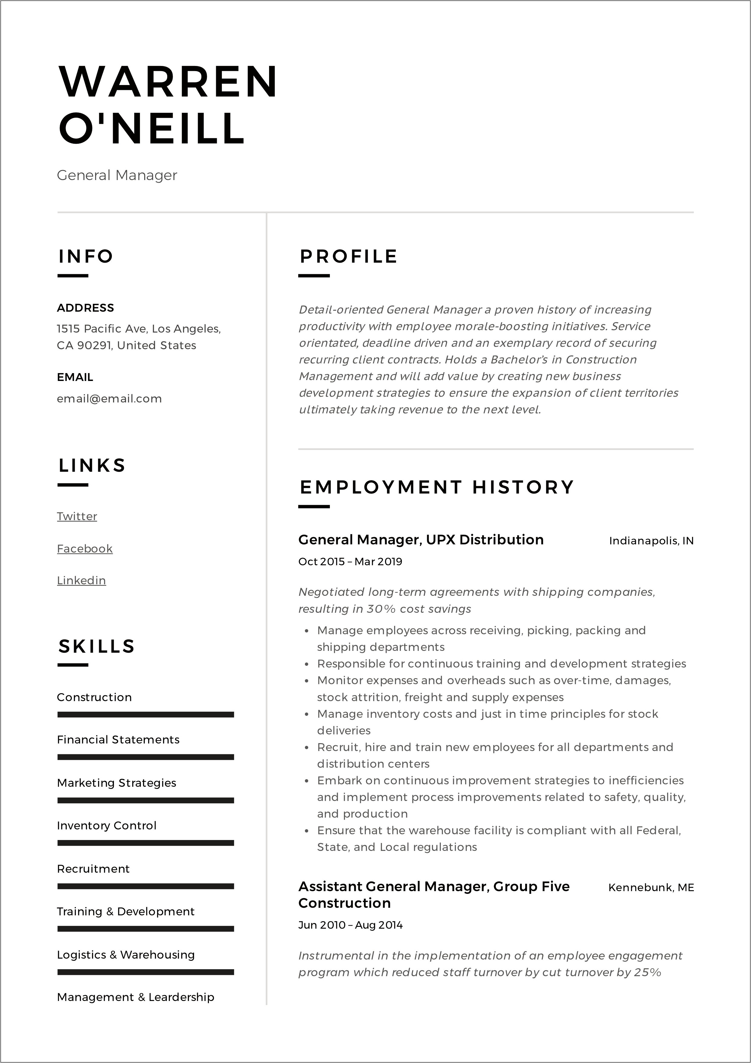 Examples Of General Manager Resumes