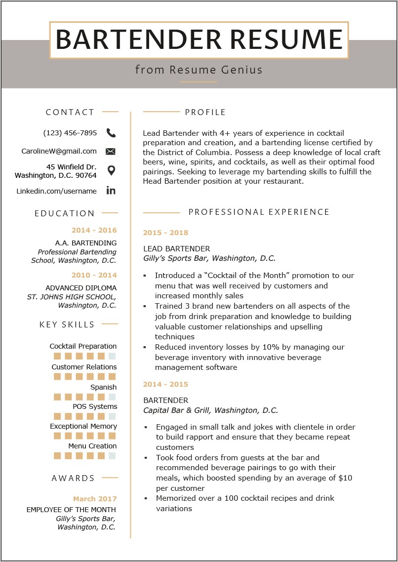 Examples Of Resume For Bartenders