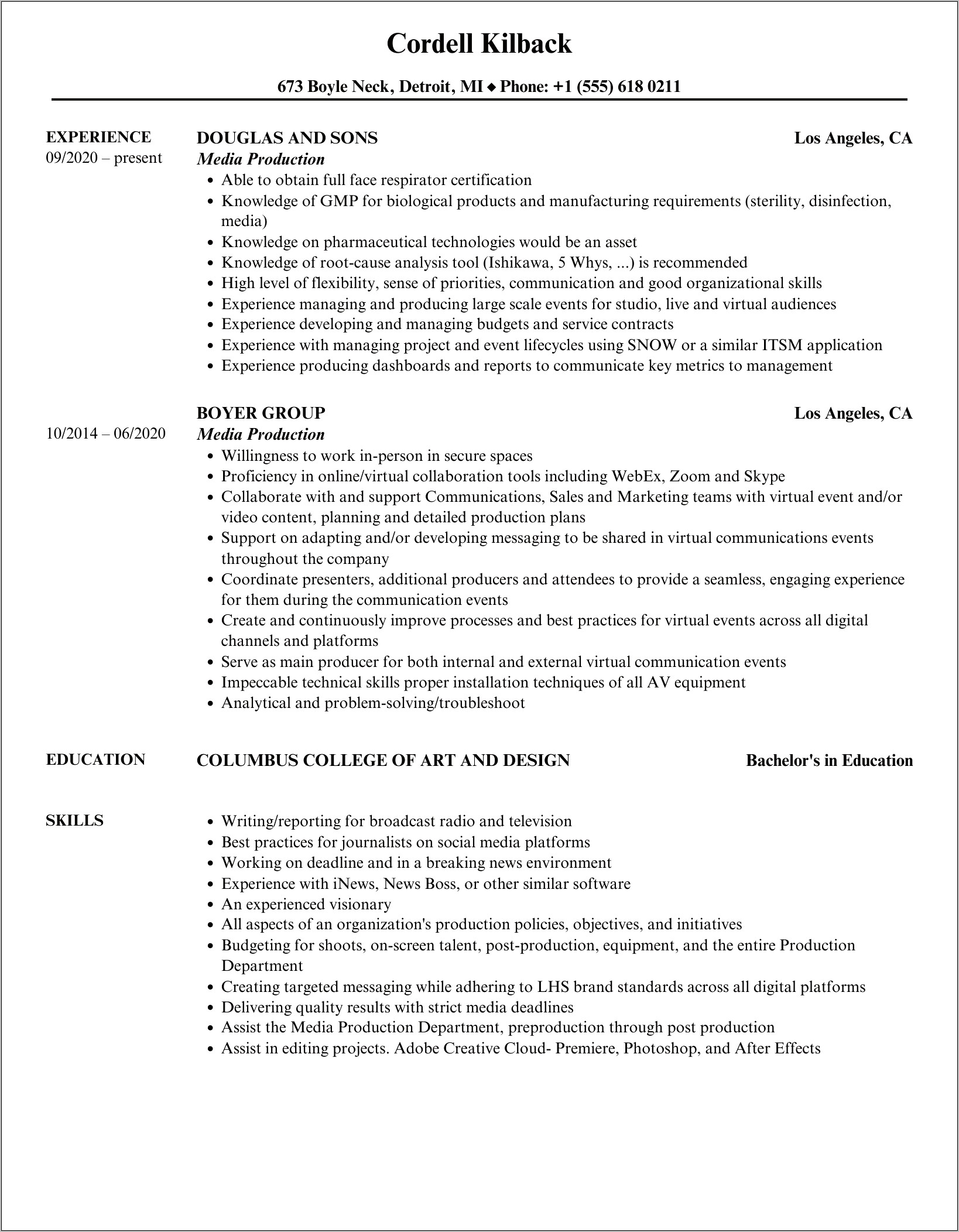 Examples Of Resumes In Media
