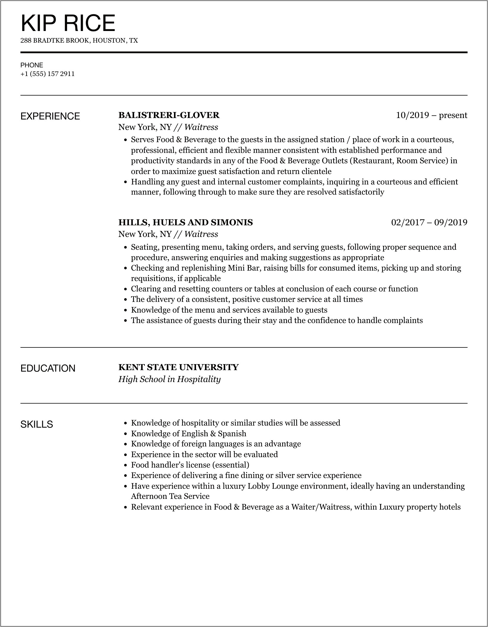 Examples Of Server Resume Objectives